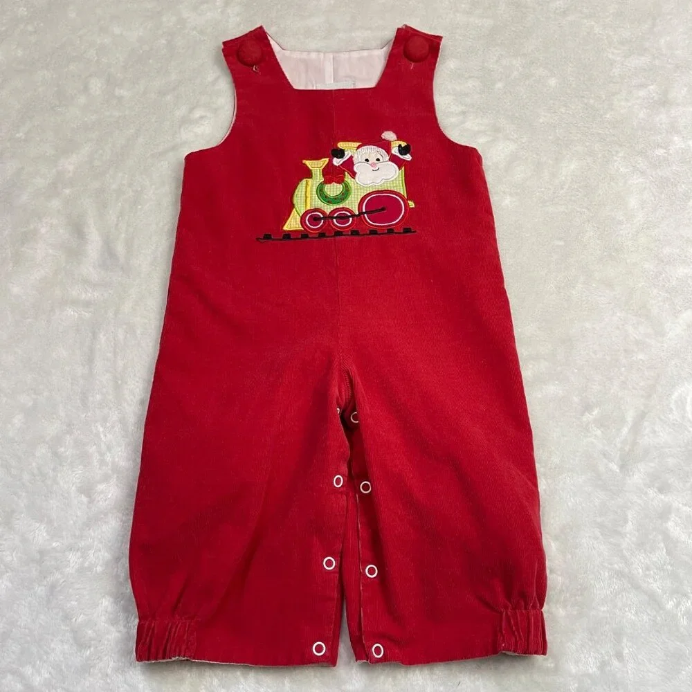 Castles & Crowns Santa Train Longalls‎ Baby 6-9M Cotton Red Corduroy Overalls